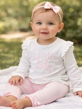 Shabby Chic White Top with Pale Pink and Cream Bow Headband Set